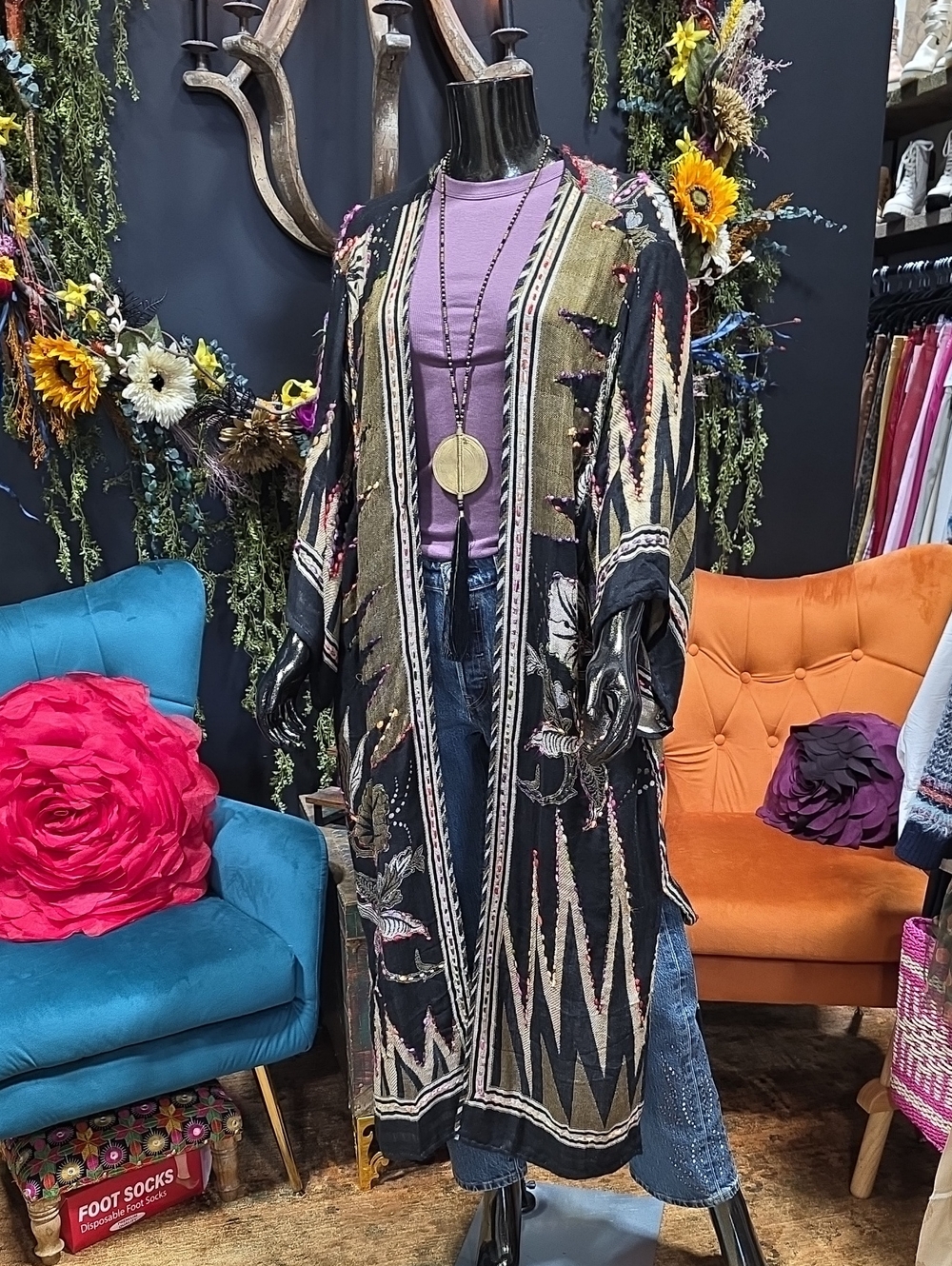 Raj Black & Olive Green Floral Boho Kimono